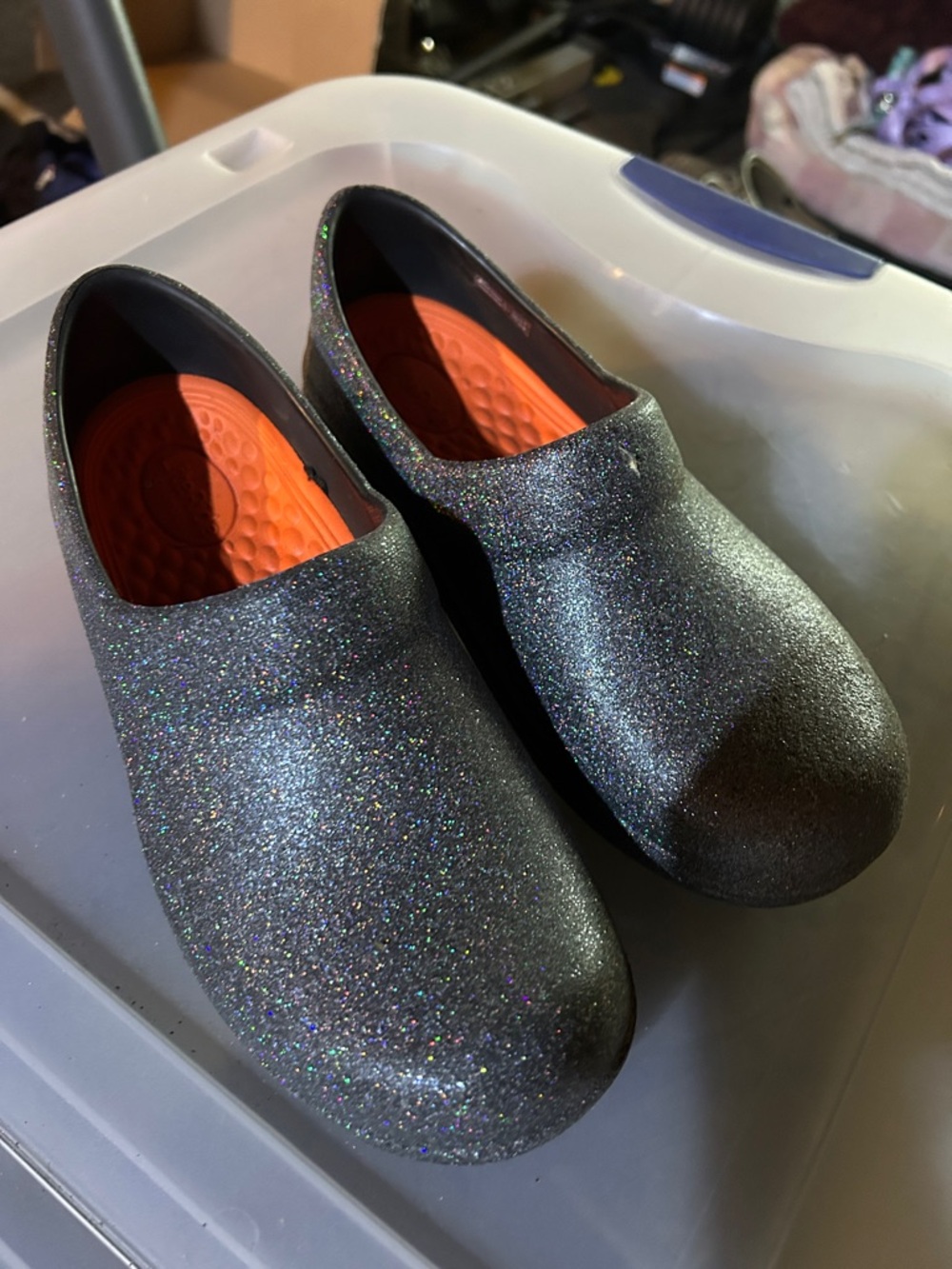 CROCS Sparkle Black Slip-On Clogs with Orange Insoles